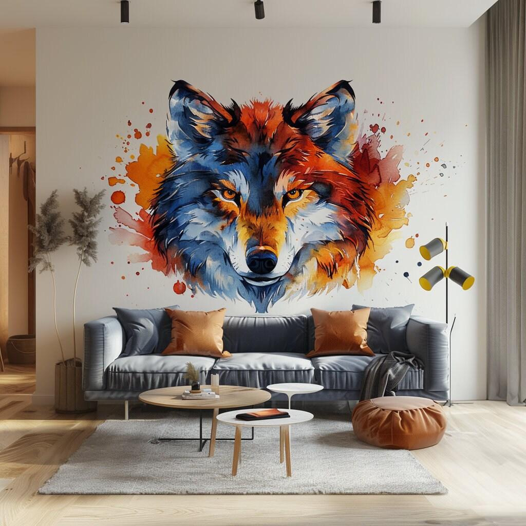 Vibrant watercolor wolf face wall decal sticker as artistic home decor in a stylish living room.