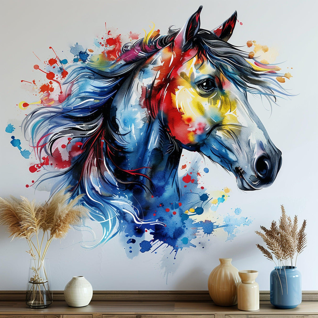Vibrant watercolor horse head wall decal sticker, artistic decor for living room and creative spaces.