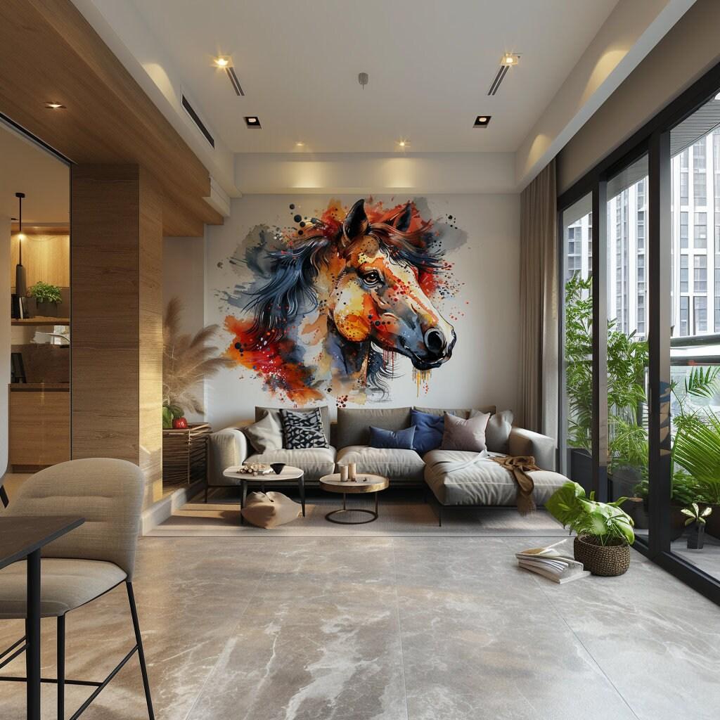 Watercolor horse head wall decal in modern living room, enhancing decor with vibrant artistic flair.