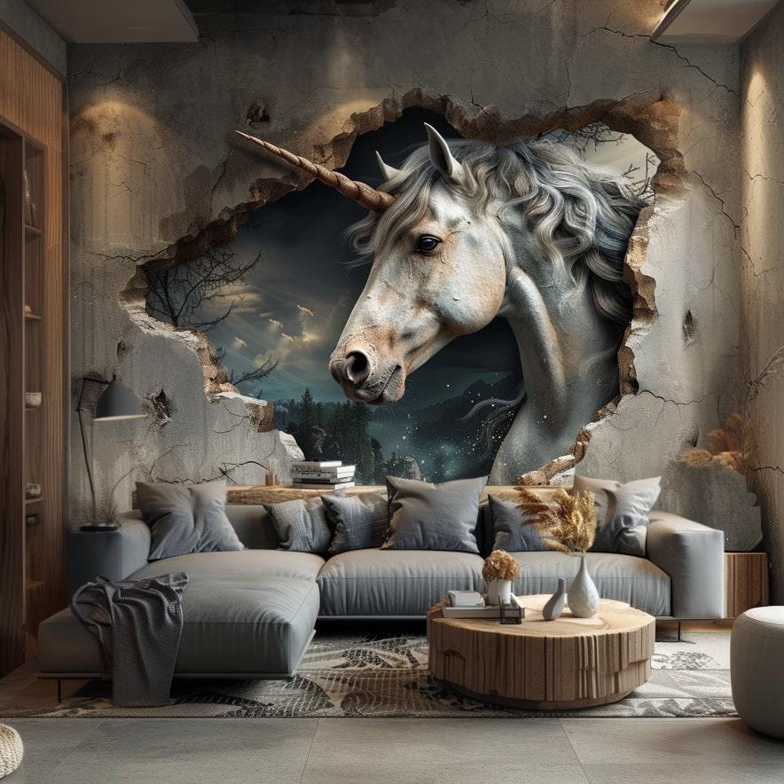 Mystical 3D unicorn wall decal sticker in an enchanted forest, enhancing living room decor with magical charm.