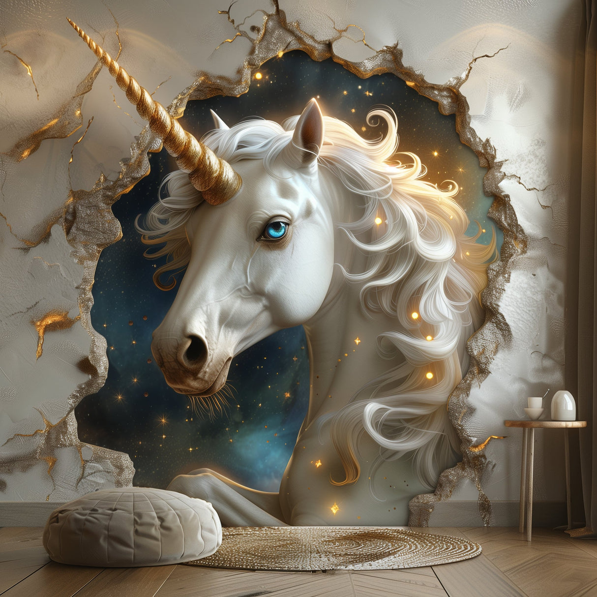 3D Fantasy Unicorn Wall Decal Sticker - Enchanted Unicorn Breaking Through Wall