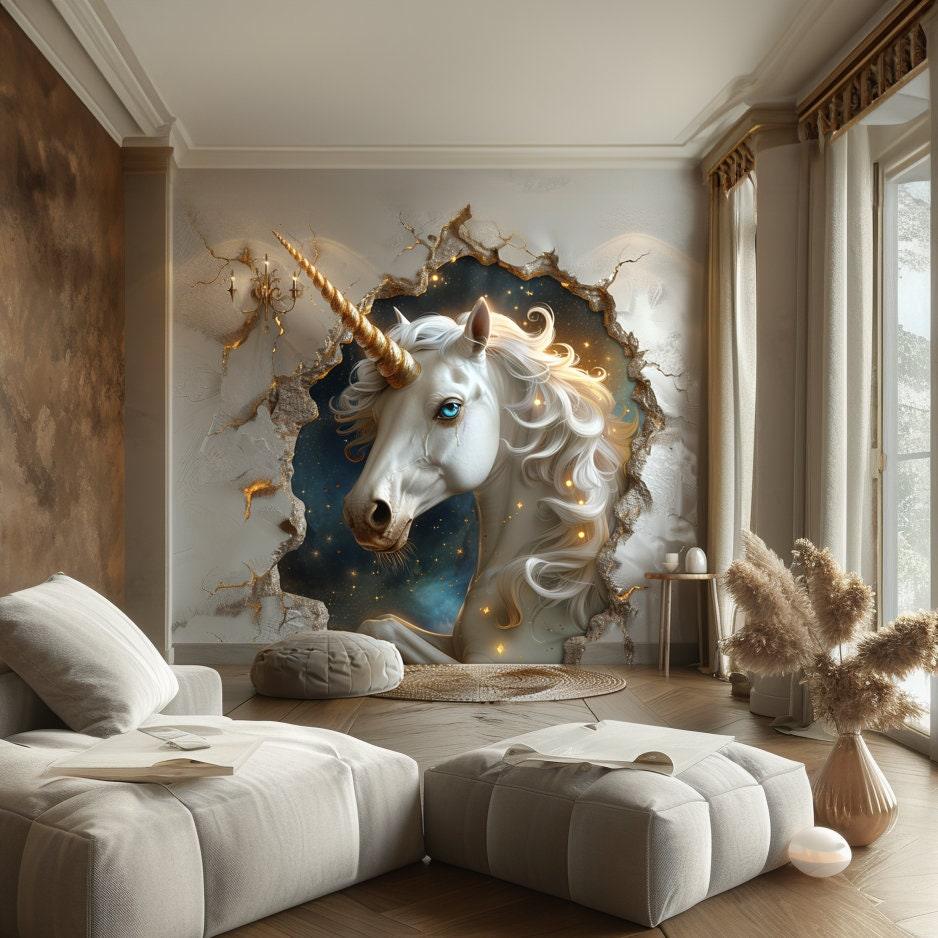 3D Fantasy Unicorn Wall Decal Sticker featuring a majestic unicorn breaking through a wall in a magical room setting.