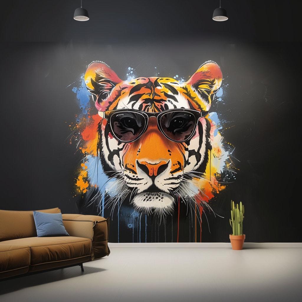 Bold graffiti tiger wall sticker with sunglasses, perfect for modern living room decor.