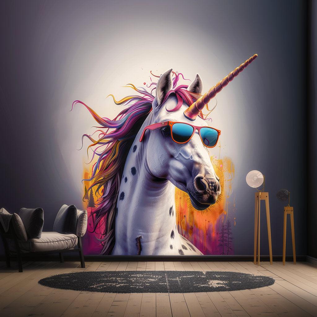 Bold vibrant unicorn wall sticker with sunglasses in a stylish room, adding playful decor.