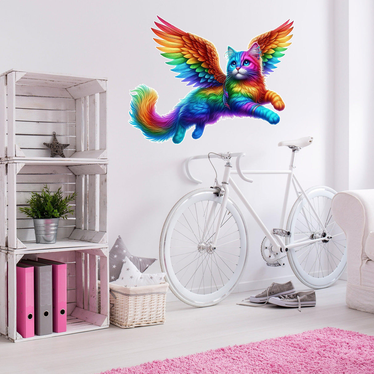 Rainbow flying cat wall sticker decal, vibrant decor for kids' rooms and playrooms, whimsical and colorful design.