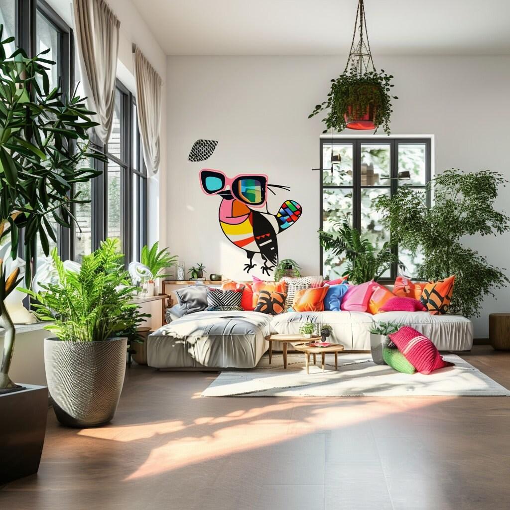 Colorful Downy Woodpecker wall sticker in modern living room with plants and vibrant decor.