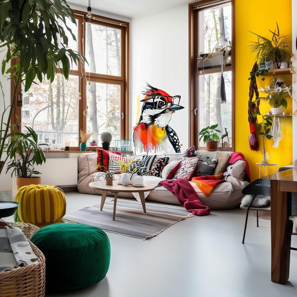 Colorful living room featuring a Downy Woodpecker sticker art, cozy decor, and vibrant cushions for nature lovers.