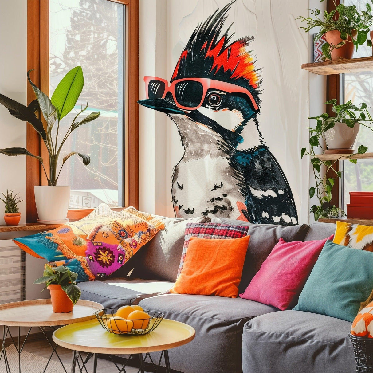 Colorful Downy Woodpecker wall sticker in glasses decorating a vibrant living room with potted plants and cozy cushions.