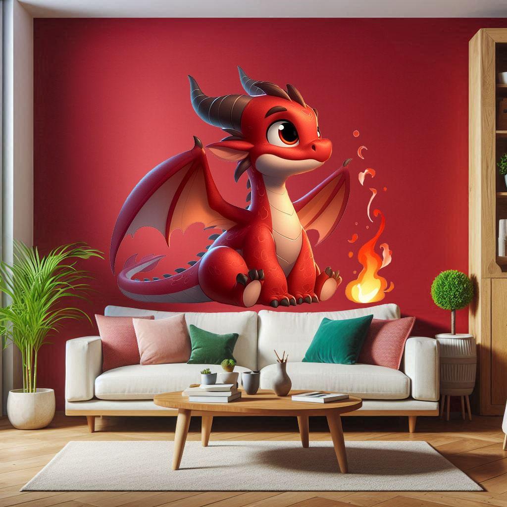 Cute red baby dragon wall decal sticker, fire-breathing dragon design for kids room decor.