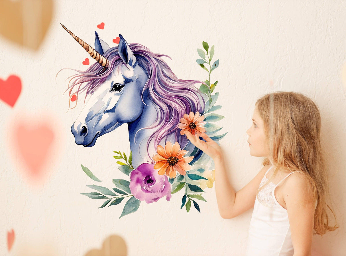 Girl interacting with floral unicorn wall decal sticker, brightening up her magical room decor.