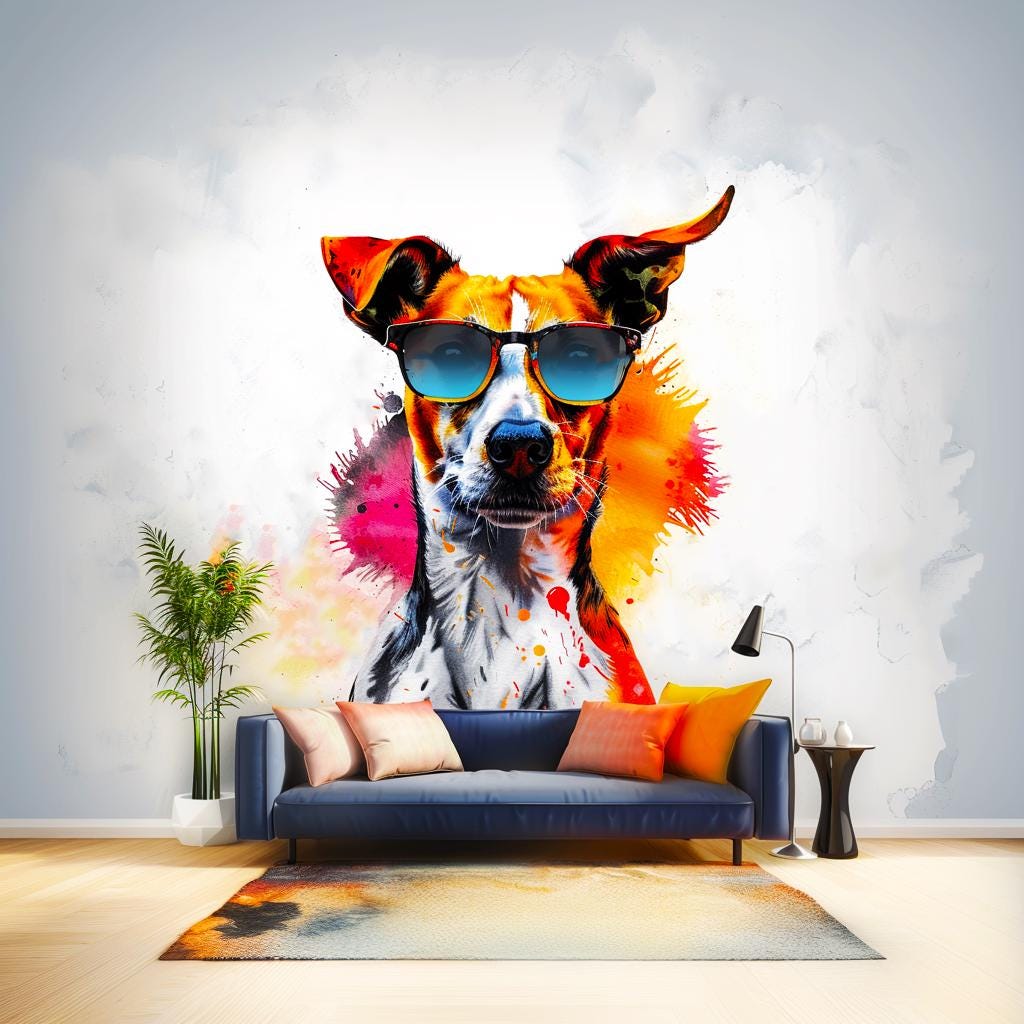 Photorealistic Jack Russell Terrier Wall Sticker - Vibrant Watercolor Dog with Sunglasses Decal