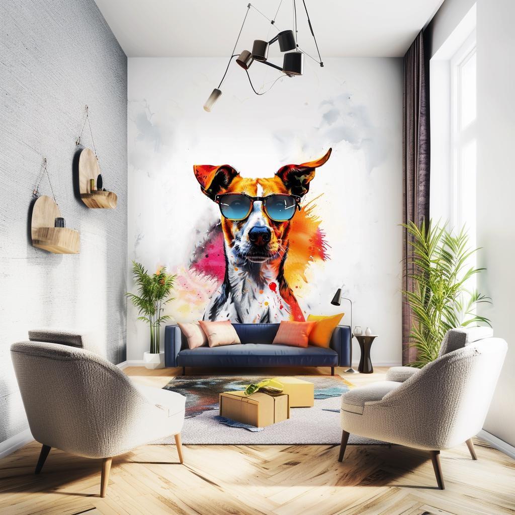 Vibrant watercolor Jack Russell Terrier wall sticker with sunglasses in stylish living room decor.