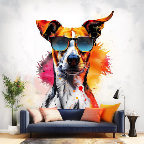 Photorealistic Jack Russell Terrier wall sticker with sunglasses in vibrant watercolor design, bright colors for modern decor.