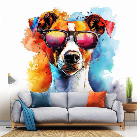Vibrant Jack Russell Terrier wall sticker with sunglasses and watercolor splashes, perfect for modern pet lover decor.