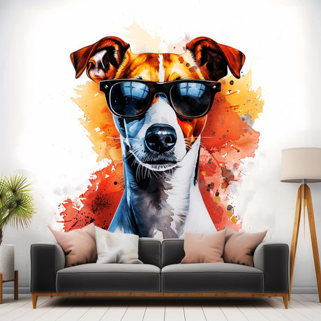 Vibrant Jack Russell Terrier wall sticker with sunglasses in watercolor style, perfect for modern pet lover home decor.