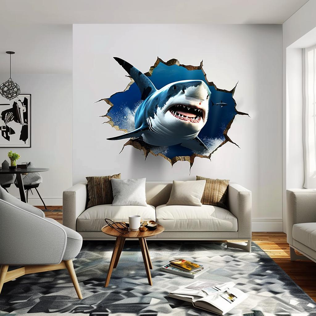 3D tiger shark wall sticker in modern living room, realistic underwater adventure decor, unique wall art.