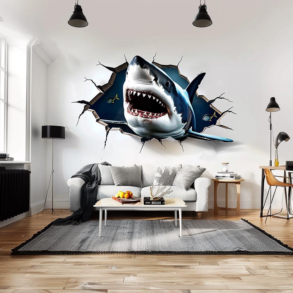 3D Great White Shark wall sticker crashing through a wall, dramatic ocean decor for living room, realistic wall art.