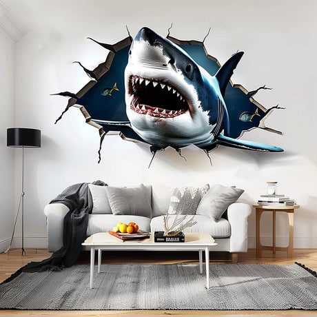 3D Great White Shark wall sticker crashing through wall in stylish living room decor, creating a dramatic ocean adventure vibe.