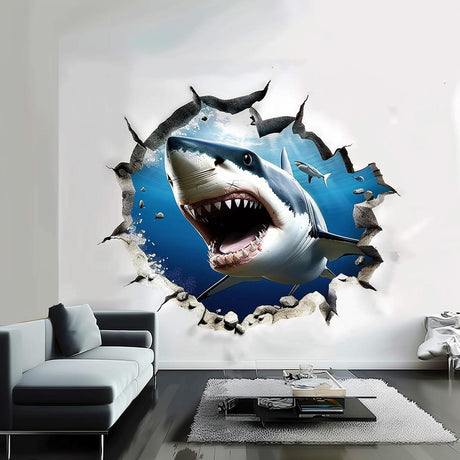 3D realistic white shark wall decal breaking through a wall, perfect for ocean-themed room decor.