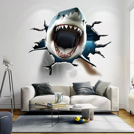 3D White Shark wall decal bursting through a wall with open jaws, adding ocean-themed decor to a living room.
