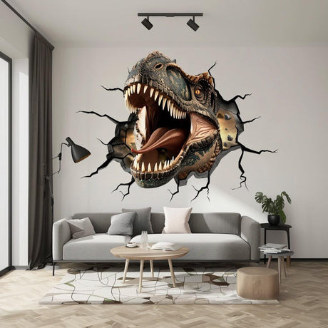 Lifelike 3D Roaring Carnotaurus dinosaur wall decal in modern living room setting.