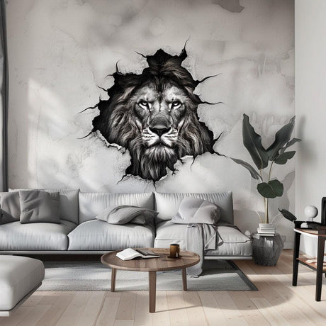 3D lion head wall decal breaking through the wall in a stylish living room, showcasing strength and elegance.