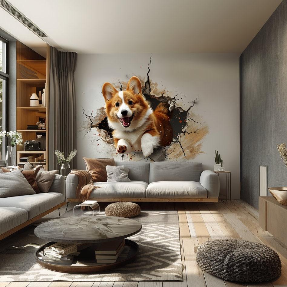 3D Corgi Dog Wall Decal in a modern living room, adding playful charm and warmth to the space.
