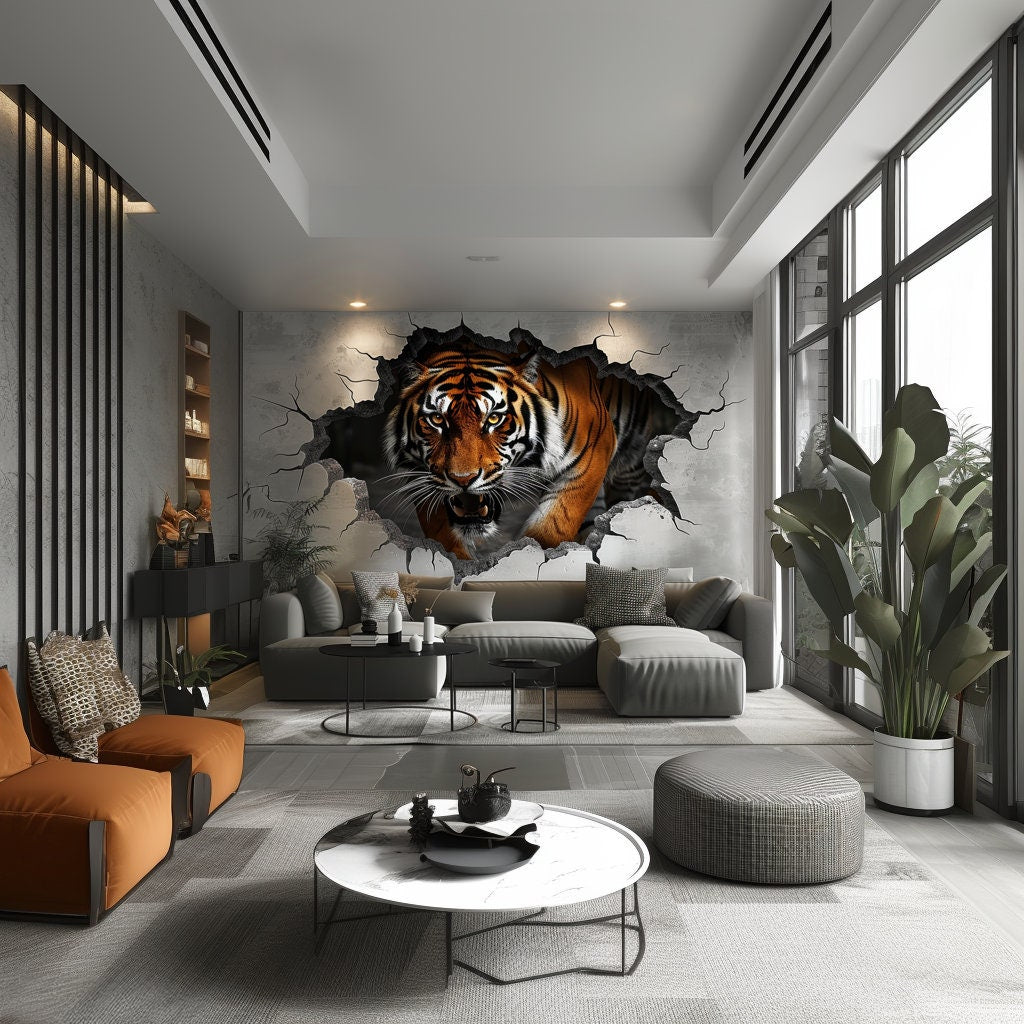 Realistic 3D Tiger Wall Decal - Majestic Animal Sticker Breaking Through Wall