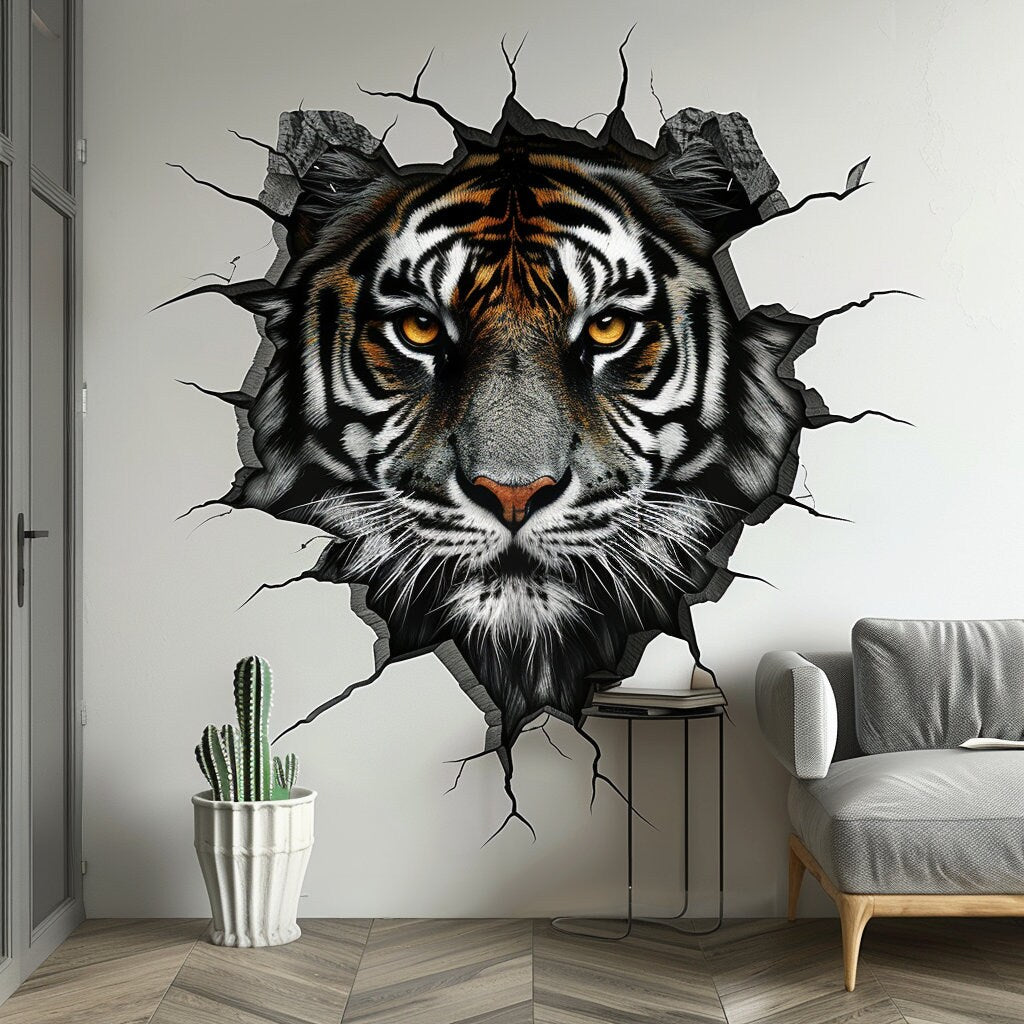 Realistic 3D Tiger Head Wall Decal - Tiger Breaking Through Wall Sticker