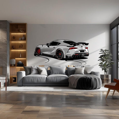 Realistic wall sticker of a white sports car mural in a modern living room setting.