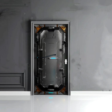 3D spaceship door cover sticker mural, decorative air lock design on interior door, sci-fi home decor accent.