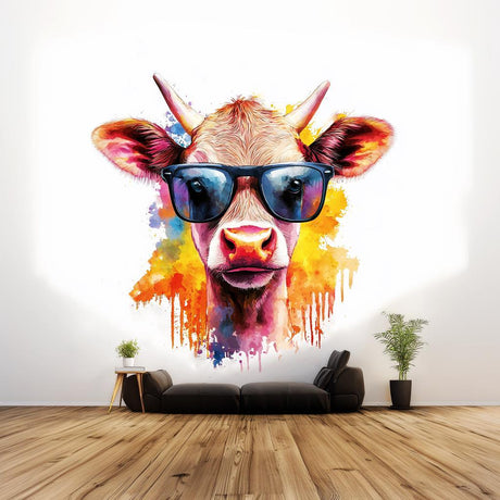 Colorful Baby Cow with Sunglasses wall sticker for kids room decor, vibrant watercolor art.