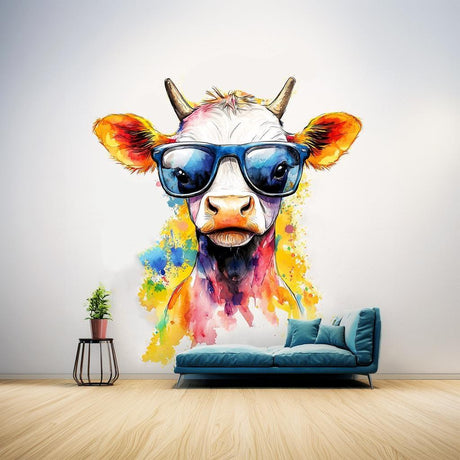 Colorful Baby Cow with Sunglasses Wall Decal for kids' room decor, featuring vibrant watercolor art.