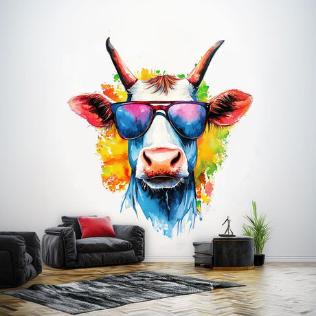 Cool cow wearing sunglasses wall decal in colorful watercolor splash art for kids room decor.