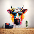 Colorful watercolor wall decal of a trendy cow wearing sunglasses, adding playful decor to a stylish living space.