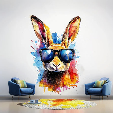 Stylish rabbit with sunglasses wall decal in vibrant watercolor art, perfect for fun animal wall decor.