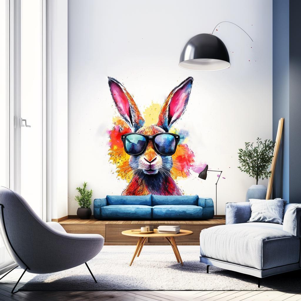 Colorful rabbit with sunglasses wall decal in a modern living room, brightening the space with playful watercolor art.