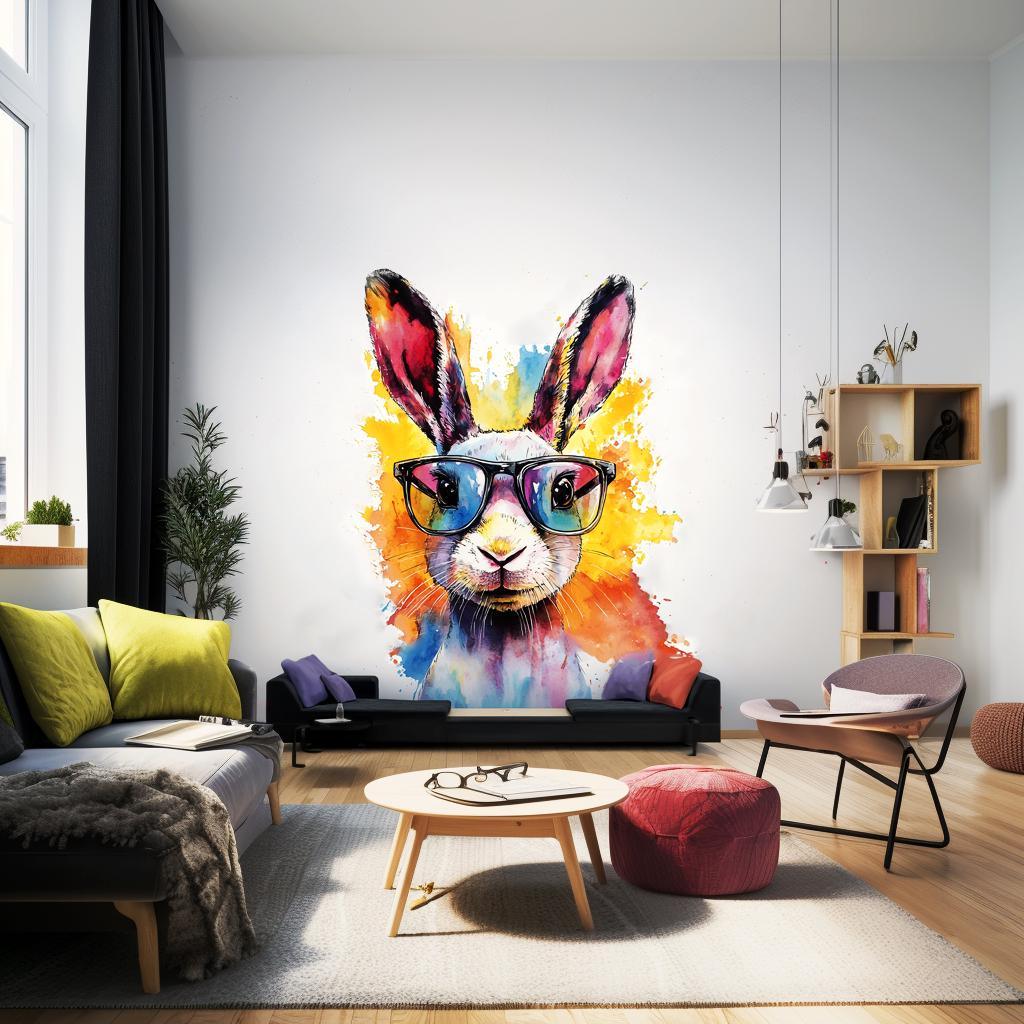 Vibrant rabbit wall decal with sunglasses in a colorful living room, perfect kids' room decor.