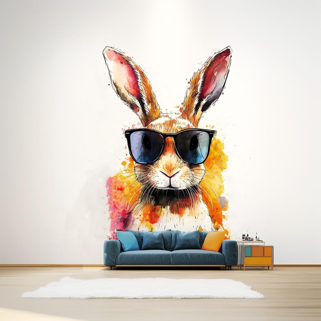 Colorful Rabbit with Sunglasses Wall Decal | Fun Watercolor Art Sticker | Playful Animal Decor | Photorealistic Bunny Wall Sticker