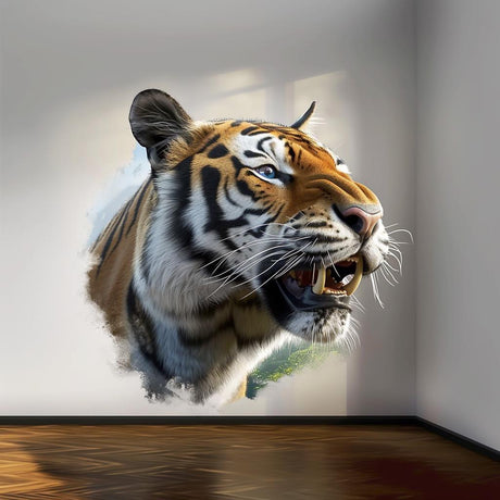 Realistic tiger wall decal sticker adding fierce beauty to living room with nature-inspired decor.
