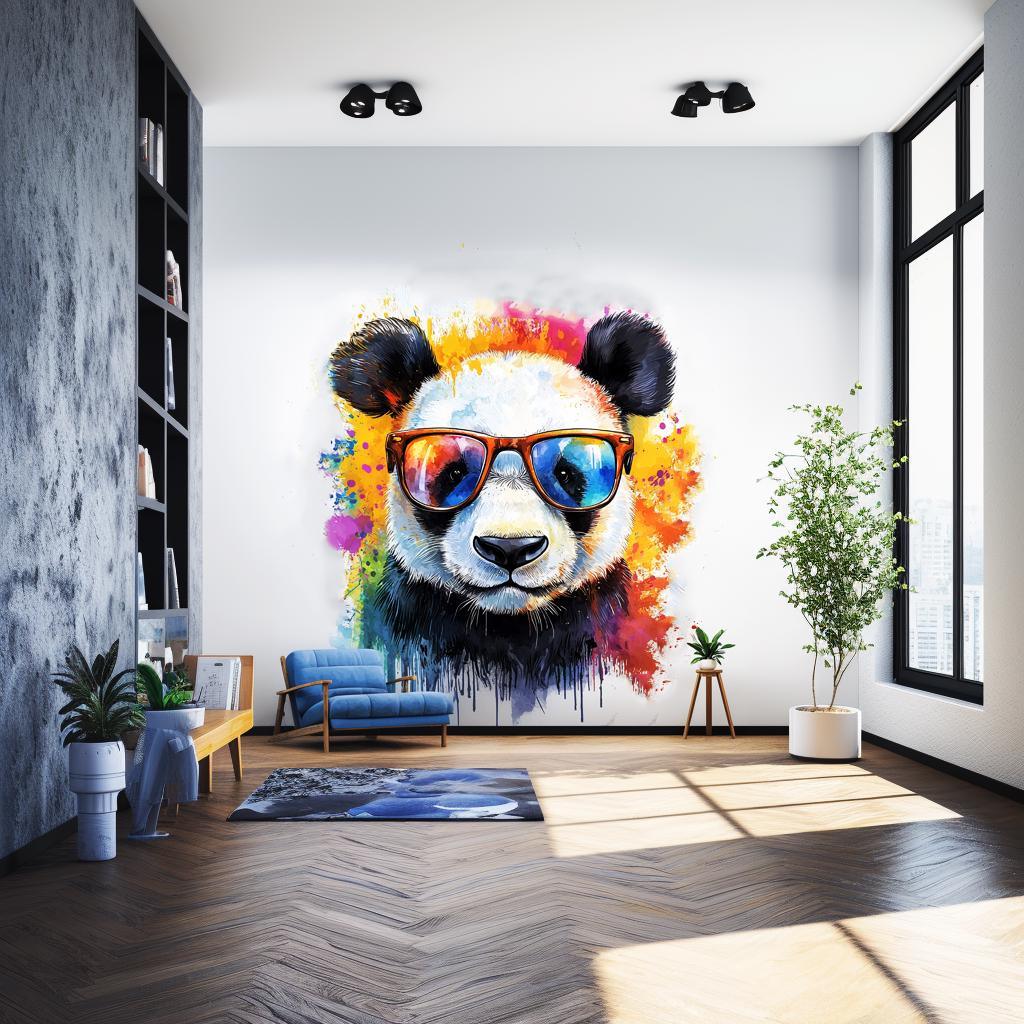 Colorful baby panda wall decal with sunglasses in stylish nursery decor, adding whimsy and charm to kids' room.