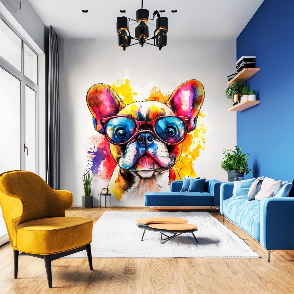 Vibrant French Bulldog wall decal with sunglasses in stylish living room decor.