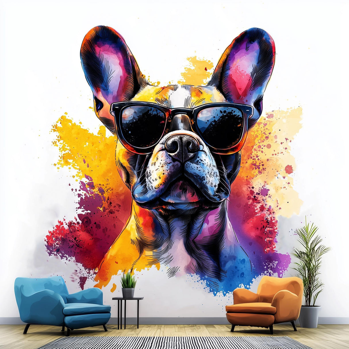Chic French Bulldog wall decal with sunglasses and colorful watercolor splash, modern room decor accent.
