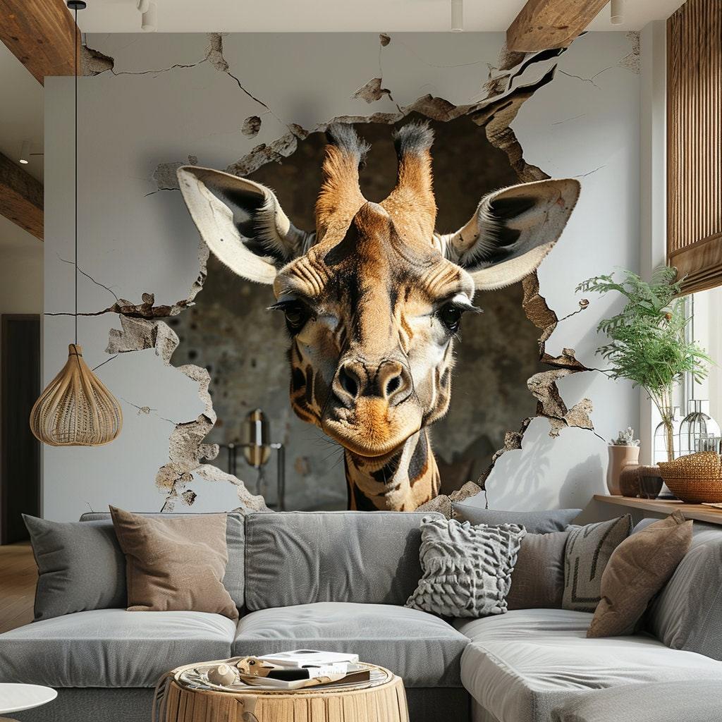 Realistic 3D giraffe head wall decal sticker breaking through a wall, adding whimsical safari decor to a living room.