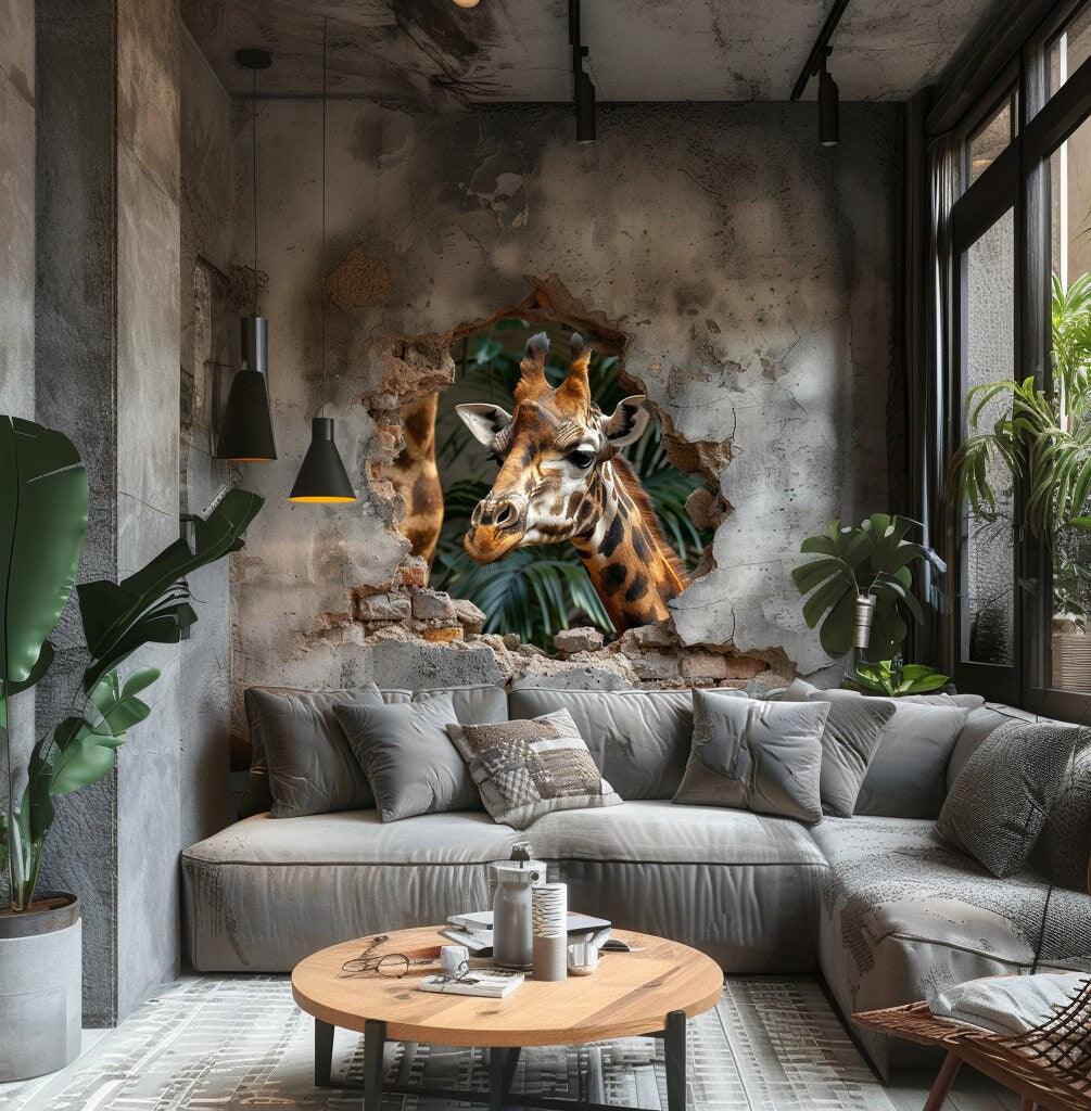 3D giraffe wall decal sticker breaking through a wall in a modern living room decor, adding a whimsical safari touch.