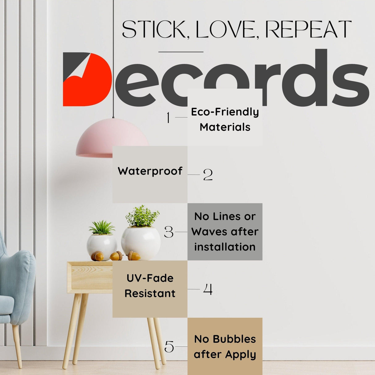 Informative graphic highlighting features of Decords wall decals: eco-friendly, waterproof, UV-fade resistant, and easy application.