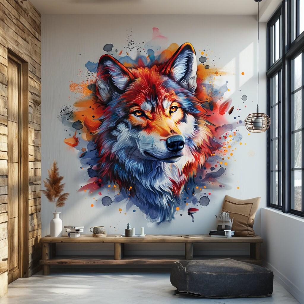 Vibrant watercolor wolf head wall decal in a modern living space, adding artistic flair and color.