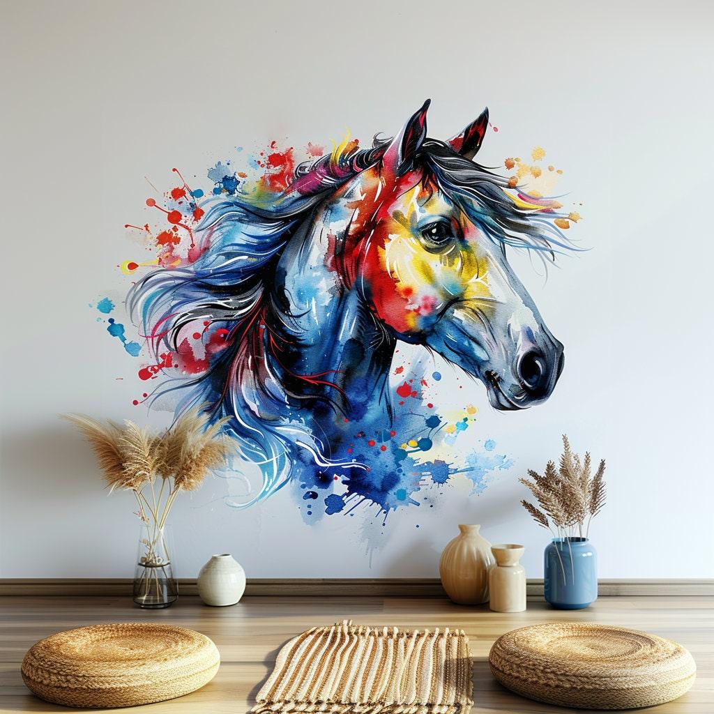 Vibrant watercolor horse head wall decal transforming living space with artistic decor and colorful details.