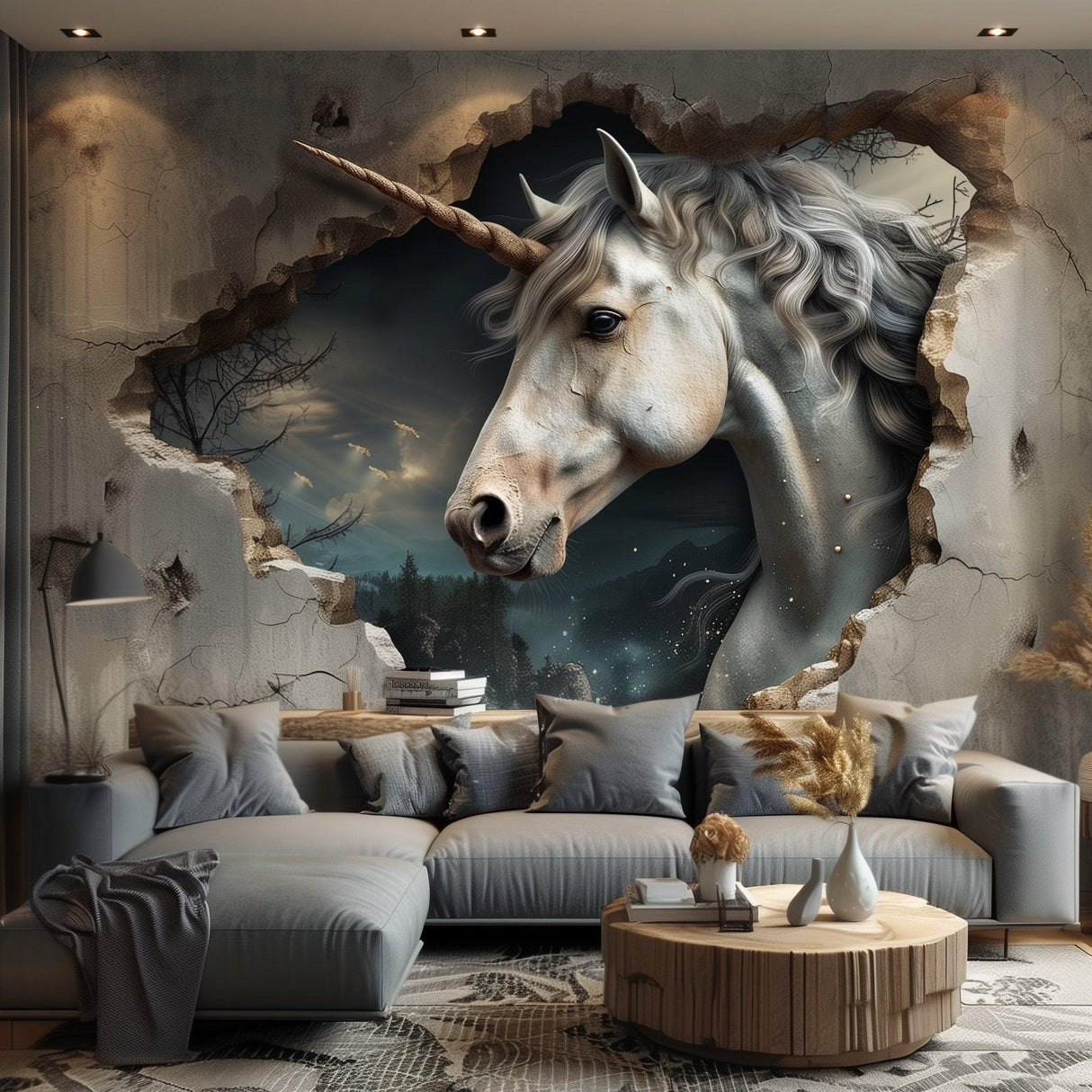 Mystical 3D unicorn wall decal in living room, creating an enchanted forest fantasy atmosphere.