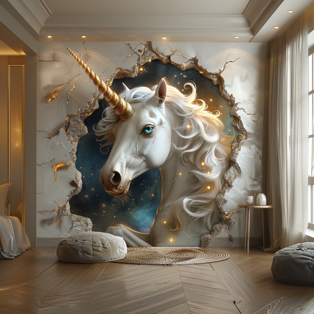 3D Fantasy Unicorn Wall Decal Sticker - Enchanted Unicorn Breaking Through Wall